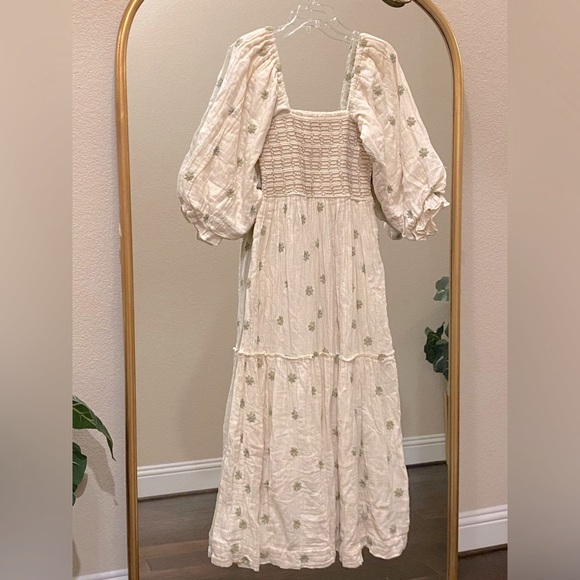 Free People Dahlia Embroidered Gauzy Smocked Puff Sleeve Maxi Dress Size SP - Picture 7 of 16